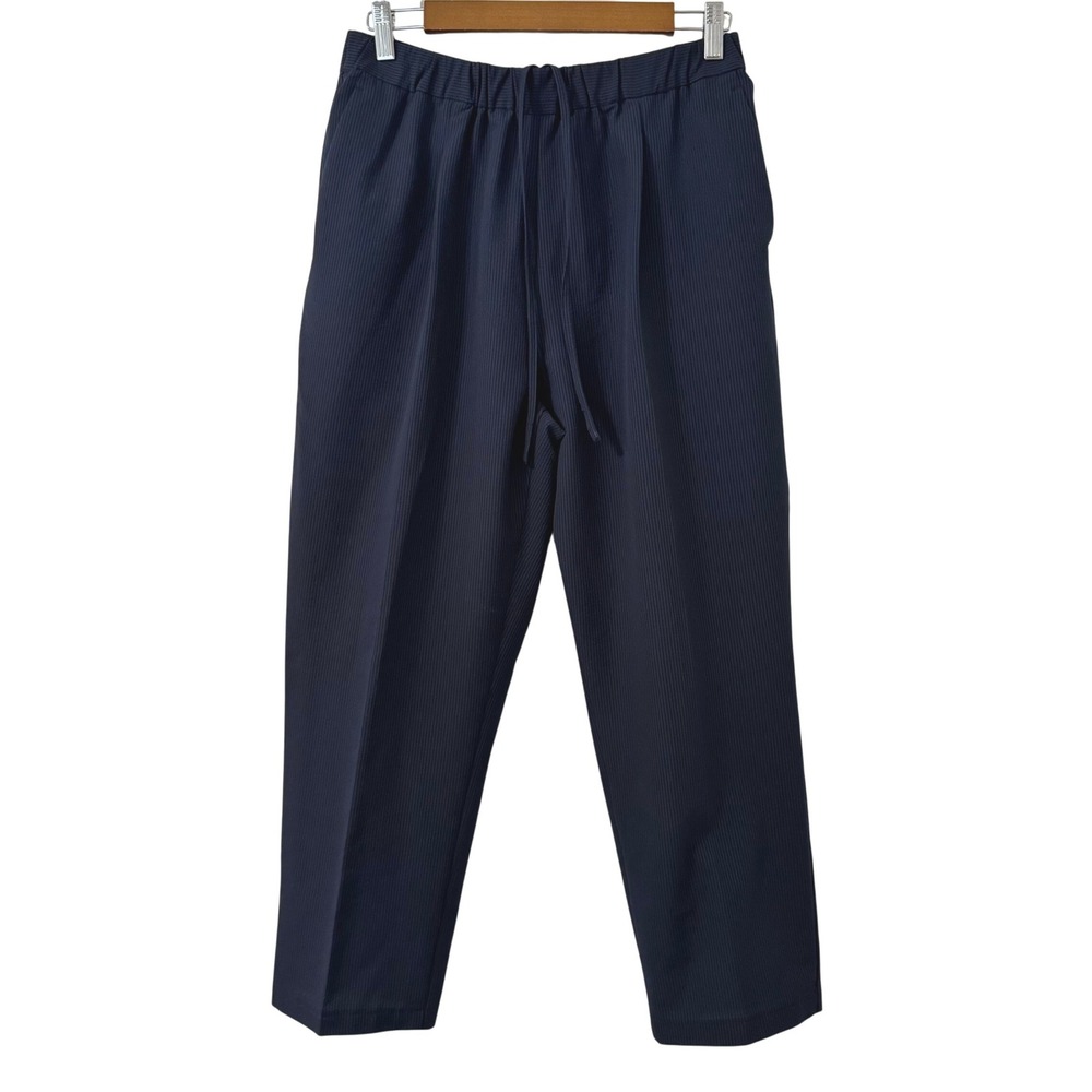 MUJI Seersucker Tapered Pleated Pants Women M Navy Blue Elastic Waist Minimalist